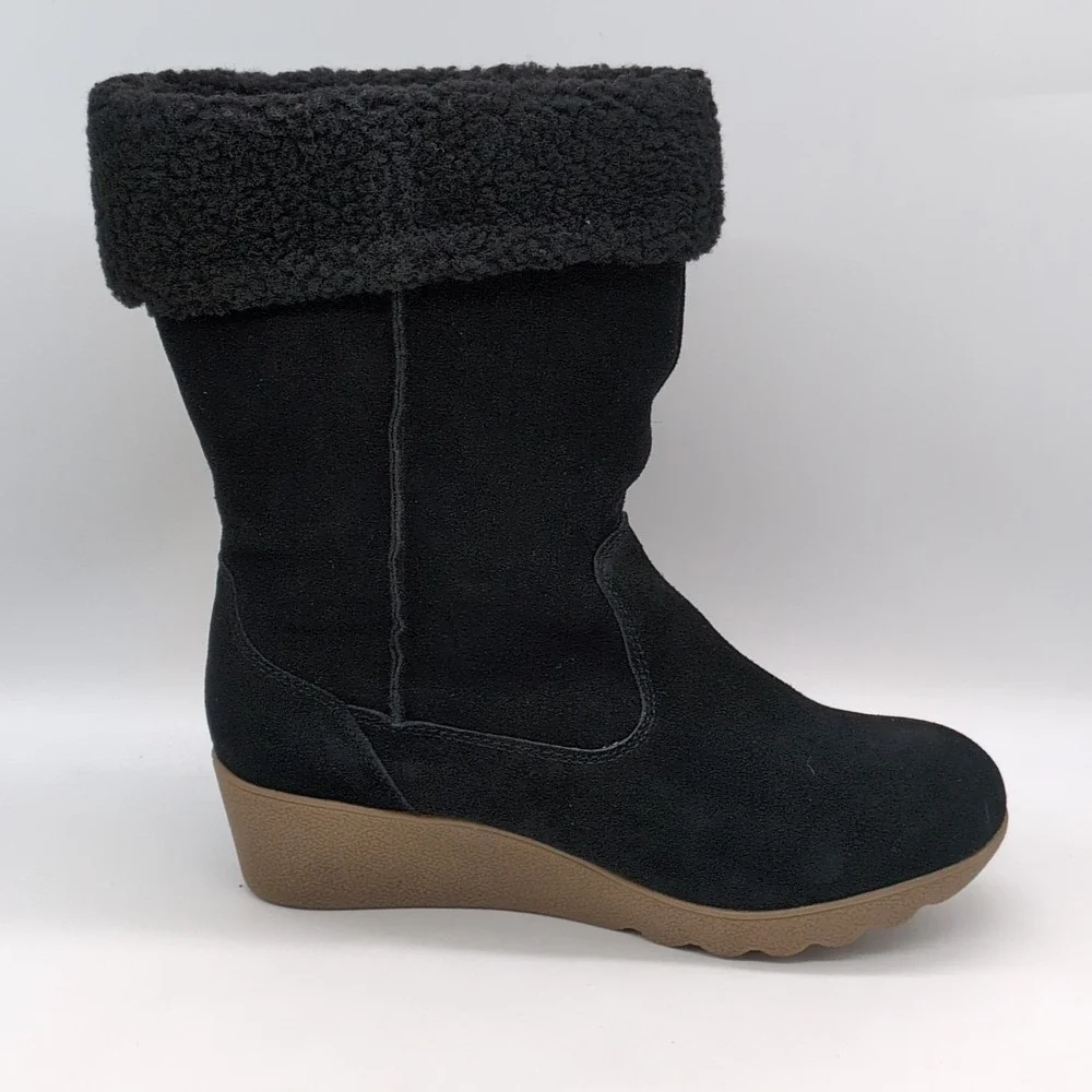 Lands End Shoes Womens Black 9.5 Suede Winter Boots Faux Fur Lined Wedge Pull On